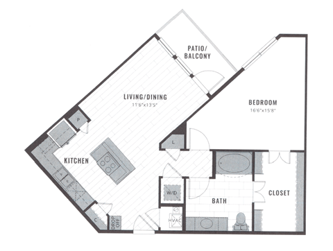 Floor plan for 1 bed, 1 bath, 813 sqft